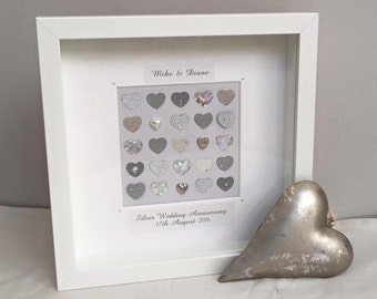 Personalized Silver Anniversary Frame: 25 Handmade Love Hearts Decor. Personalised gift.