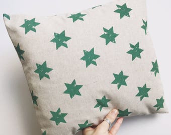 Handmade Sage Green Star Print Cushion: Natural Linen Pillow