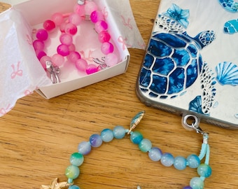 Beaded Phone Charm Strap, Bow and Beach Charms, Handmade Keychain Accessory