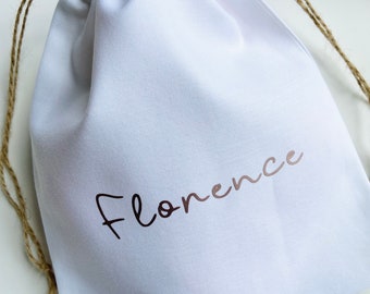 Personalized Cotton Party Favor Bag: Rose Gold Lettering, Jute Drawstring.