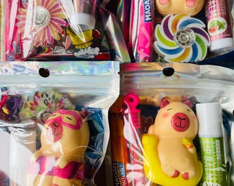 Pre-Filled Girls Party Favor Bags – Fidget Toys, Capybara Squishy, Axolotyl Squishy,  Lip Balm, Sweets & Bubbles | Ready-to-Go Birthday Bags