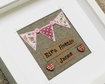 Personalized Baby Girl Frame: Hand Stitched Bunting Nursery Decor