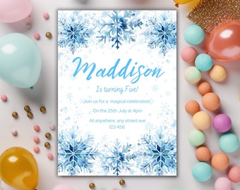 Winter snowflakes printable birthday invitation Snowy elegant party invite template snowflake snow editable invite winter birthday party