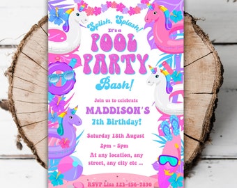 Licorne imprimable Splish Splash pool party bash filles pool party anniversaire invitation plage modifiable inviter tout âge été evite modèle D9