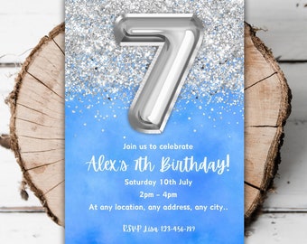 Printable blue silver 7th Birthday invitation glitter template foil balloon glittery winter girls boys editable seventh birthday evite D1