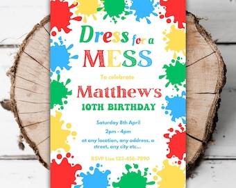 Vestido colorido imprimible para un desastre Invitación de cumpleaños de fiesta de arte Pintura arte y artesanía editable cualquier plantilla de fiesta de pintura de salpicaduras de edad