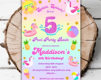 Printable Unicorn rainbow pool party girls 5th birthday invitation Tropical editable birthday invite turning five beach evite template D6