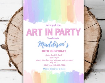 Printable Rainbow Art party girls birthday invitation Painting arts and craft editable any age watercolour drawing glitter party template