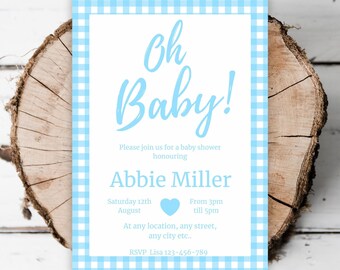 Printable Blue Gingham Baby Shower invitation template boys baby shower invite girls baby shower plaid picnic baby shower editable evite