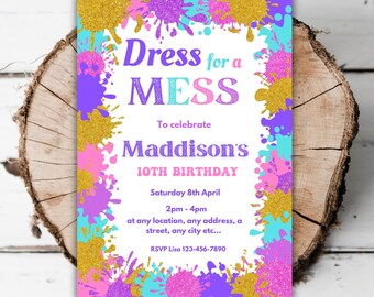 Vestido imprimible para un desastre Invitación de cumpleaños de niñas de fiesta de arte Pintura artes y manualidades editables cualquier plantilla de fiesta de dibujo de pintura de salpicaduras de edad