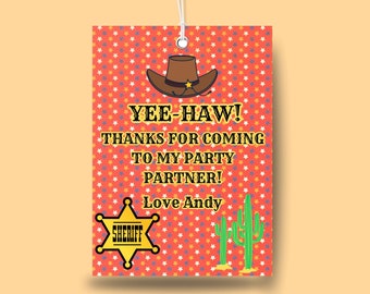 Etichette di compleanno stampabili Cowboy Wild West Etichette regalo per feste di compleanno Etichette bomboniere Etichette a tema Western Modello modificabile per etichette bomboniere A4