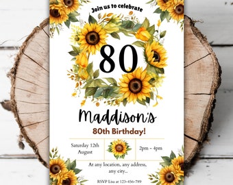 Puede incluir: Una invitación de cumpleaños con temática de girasoles para un 80 cumpleaños. La invitación presenta una corona de girasoles y vegetación con el número 80 en el centro. El texto dice "Únete a nosotros para celebrar el 80 cumpleaños de Maddison! Sábado 12 de agosto 14:00 - 16:00 En cualquier lugar, cualquier dirección, cualquier ciudad.. RSVP Lisa al 123-456-789"