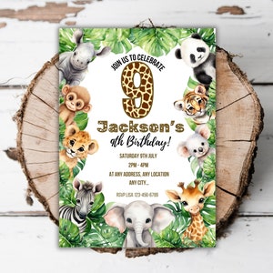 Modèle imprimable d'invitation de fête d'anniversaire pour le 9e anniversaire de safari dans la jungle, les garçons invitent la fête des animaux de la jungle Wild nine Evite 9e anniversaire modifiable A7
