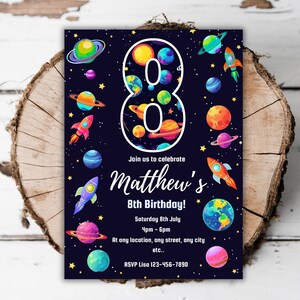 印刷可能な光る宇宙の誕生日パーティー招待状ネオン宇宙編集可能なテンプレート男の子8歳の誕生日招待状宇宙回転エイトエビットA1