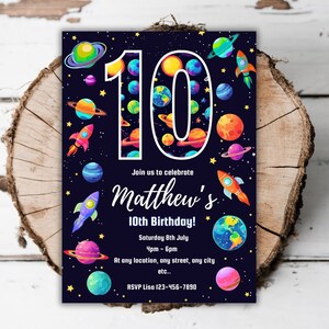Printable Glow Outer Space birthday party invitation boys neon cosmic editable template boys 10th birthday invite space turning Ten evite A1