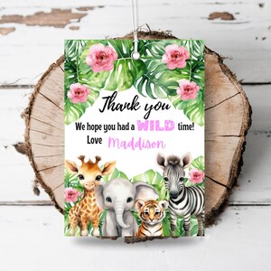 Printable pink jungle safari Wild animals Birthday party favor tags template Jungle animals girls Wild time party tag thank you editable C6