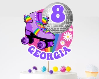May include: Purple roller skate with rainbow accents and wings, a silver disco ball with a purple 8 on it, and the name Georgia on a pink background with white daisies.