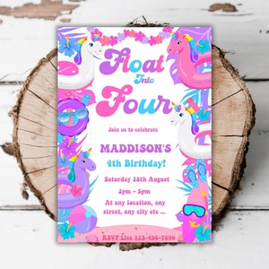 May include: A colorful invitation for a 4th birthday party with a unicorn theme. The invitation features a pink, purple, and blue color scheme with a unicorn float, a beach ball, and a pair of flip-flops. The text on the invitation reads "Float Into Four" and "Madisson's 4th Birthday!"