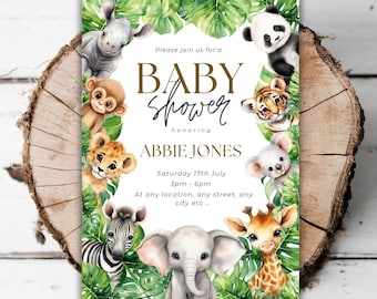 May include: A baby shower invitation with a jungle theme. The invitation features a variety of animals, including a monkey, a lion, a zebra, an elephant, a giraffe, a panda, and a koala. The text on the invitation reads "Please join us for a Baby Shower honoring Abbie Jones Saturday 17th July 3pm - 6pm At any location, any street, any city etc."