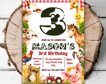 Printable Farm 3rd boys birthday party invitation barnyard animals editable farm animals cow farmer barn turning three evite template C4