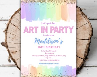 Printable Rainbow Art party girls birthday invitation Painting arts and craft editable any age watercolour drawing glitter party template