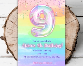 May include: A colorful invitation for a 9th birthday party. The invitation features a rainbow background with a large iridescent number 9 and the text "Abbie's 9th Birthday!"  The invitation also includes the date and time of the party, "Saturday 10th July, 2pm - 4pm", and the RSVP information, "RSVP Lisa 123-456-789".