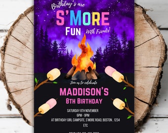 May include: A purple and black birthday invitation with a watercolor illustration of a campfire and marshmallows. The text reads "Birthday's are S'more Fun with Friends!" and "Join us to celebrate Maddison's 8th Birthday".