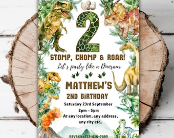 May include: A green and brown dinosaur birthday invitation featuring a large number 2 in the centre. The invitation reads "STOMP, CHOMP & ROAR! Let's party like a Dinosaur" and "MATTHEW'S 2ND BIRTHDAY". The invitation also includes the date and time of the party, as well as the RSVP information.