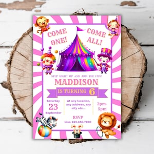 Druckbare Zirkus Mädchen Geburtstagseinladung rosa lila Karneval Ticket bearbeitbar Größte Show jedes Alter Rummelplatz Kirmes evite Vorlage E5