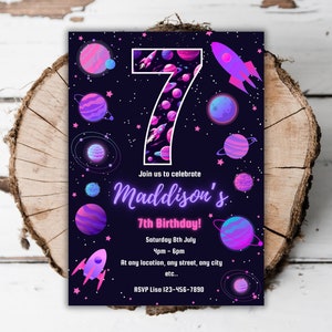 Printable Glow Outer Space pink birthday party invitation neon cosmic editable template girls 7th birthday space turning Seventh evite A3