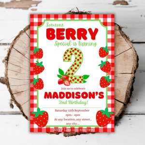 Printable Strawberry 2nd birthday invitation editable berry two girl birthday party berry two sweet toddler birthday evite template D5