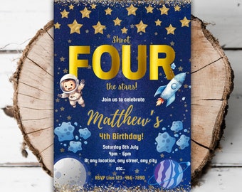 Printable Gold Outer Space birthday party invitation boys astronaut editable template boys 4th birthday invite space turning Four evite C8