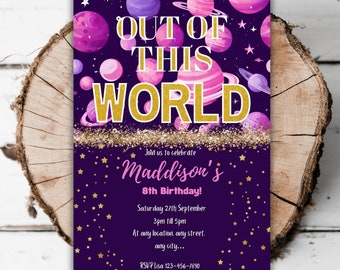 May include: Purple and pink space-themed birthday invitation with gold glitter and stars. The invitation says "Out of this world" and "Maddison's 8th Birthday!" with details for the party.