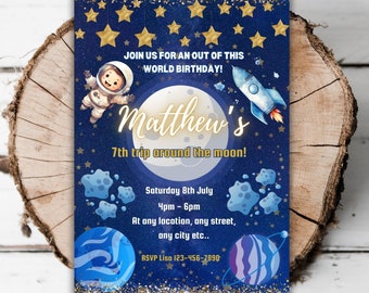 Printable Outer Space birthday party invitation astronaut editable template boys birthday invite glow space planets moon rocket evite C8