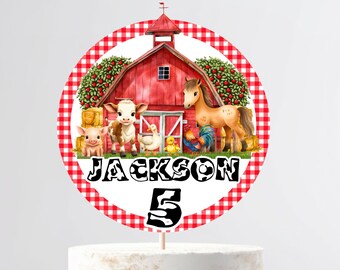 Puede incluir: Topper redondo para pastel con estampado de cuadros rojos y blancos, un granero rojo, animales de granja y el texto "JACKSON 5".