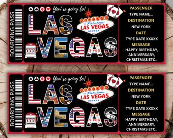 Modelo de cartão de embarque para Las Vegas para impressão, bilhete de avião editável para Las Vegas Bilhete de viagem surpresa de Las Vegas Bilhete de presente de feriado de férias em Las Vegas