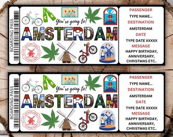 Printable Amsterdam boarding pass template editable Netherlands plane ticket DAM surprise trip ticket New York vacation holiday gift ticket
