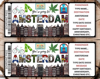 Printable Amsterdam boarding pass template editable Netherlands plane ticket DAM surprise trip ticket New York vacation holiday gift ticket