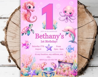 Printable Girls 1st Under The Sea birthday party invitation 1st birthday invite template editable dolphin turtle starfish Pink one invite B4