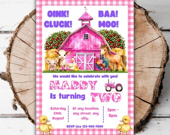 May include: Pink and white gingham patterned invitation with a pink barn, farm animals, and a tractor. The text reads "Oink! Cluck! BAA! MOO! We would like to celebrate with you! MADDY is turning TWO. Saturday 24th August. At any location, any street, any city. 3pm - 5pm. RSVP Lisa 123-456-7890"