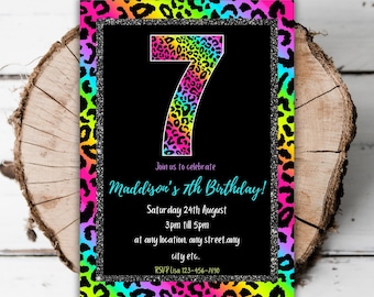 Printable Rainbow 7th Leopard animal print girls birthday invitation multicoloured neon cheetah glittery sparkly invite editable template C7