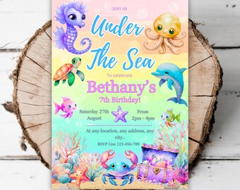 Printable Colourful Under The Sea birthday party invitation ocean evite template editable mermaid dolphin turtle starfish girls boys invite