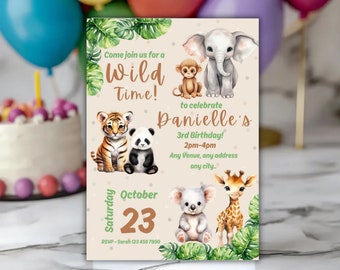 Printable Jungle safari birthday party invitation template printable Wild animals invite jungle party Wild time Evite editable jungle