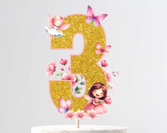 Afdrukbare Fairy 3e verjaardagstaart topper meisjes pixie drie verjaardagsfeestje taart instant download glittery taart topper fairy tuinfeest D2
