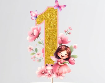 Fata stampabile 1o compleanno torta topper ragazze pixie una festa di compleanno torta download immediato glittery cake topper fata festa in giardino D2