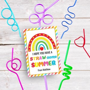 Bedruckbares Strohhalm-Ende des Schuljahrs bearbeitbarer doofer Strohgeschenkanhänger Lehrer-Sommergetränkeanhänger verrücktes Strohetikettenvorlage