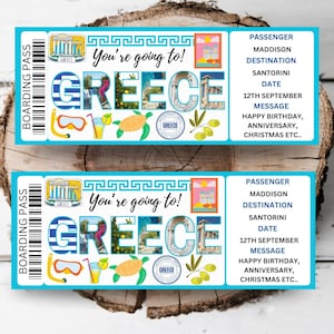Modèle imprimable de carte d'embarquement pour la Grèce billet d'avion pour Santorin, billet pour un voyage surprise en Crète, billet cadeau pour les vacances sur une île grecque