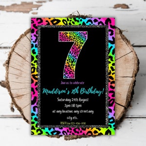 Printable Rainbow 7th Leopard animal print girls birthday invitation multicoloured neon cheetah glittery sparkly invite editable template C7