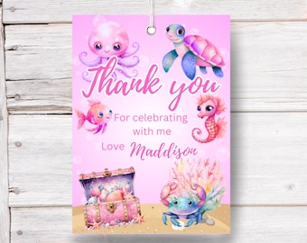 Printable Pink Under the sea Birthday party favor tags template Ocean Sea life swimming Girls party tag thank you editable tag B4