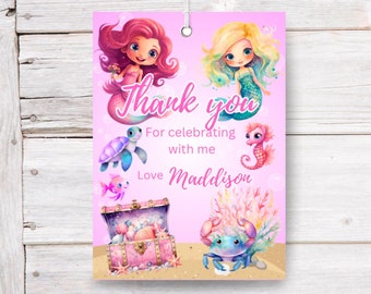 Printable Pink Mermaid girls Birthday party favor tags template Ocean Sea life swimming Girls party tag thank you editable tag B5